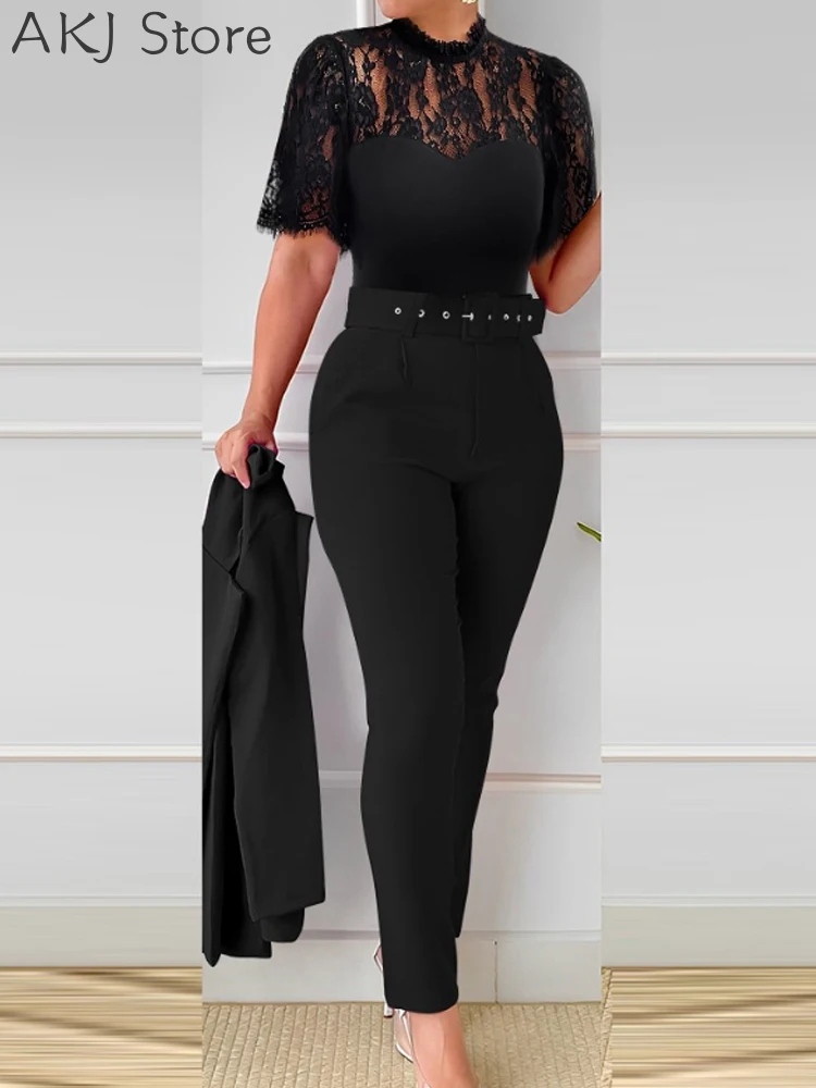 Женский кружевной топ в стиле пэчворк и брюки с высокой талией, комплект с поясом