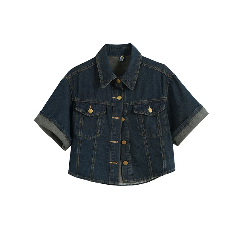 Женская джинсовая куртка Y2k, рубашка с коротким рукавом, весенне-летнее издание, модный винтажный укороченный топ с лацканами, укороченные топы