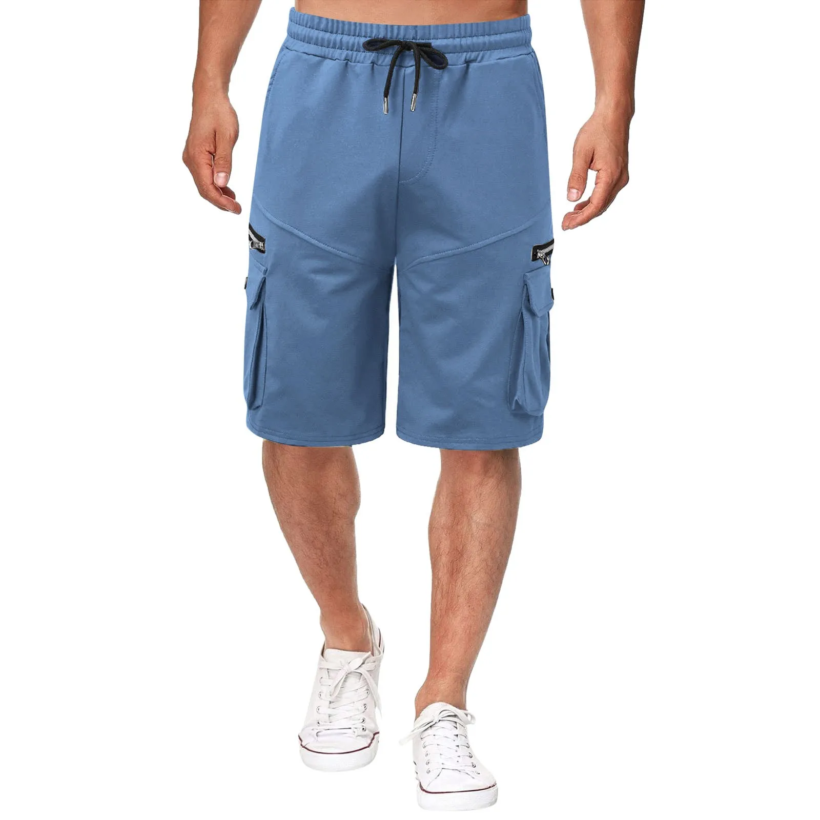 Мужские летние хлопковые шорты-карго с дышащей пятиточечной резинкой на талии, однотонные мешковатые бриджи с карманами на завязках, спортивные повседневные брюки