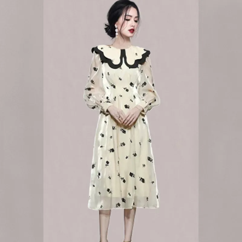 Осенью 2023 года Новое Корейское модное двухслойное платье с кукольным воротником и принтом розы, женские стильные элегантные платья трапециевидной формы