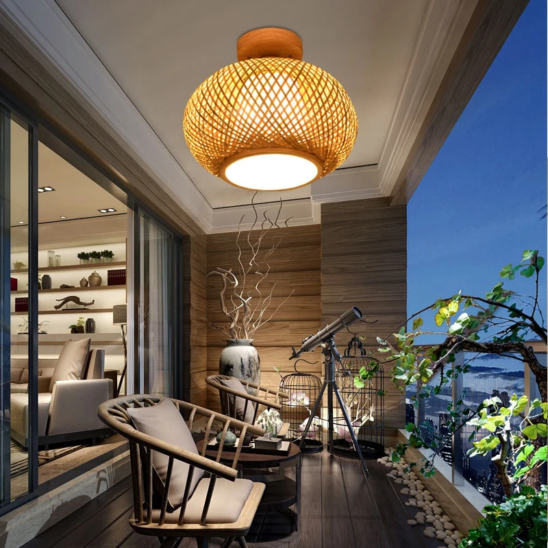 Потолочные светильники из натурального бамбука Диаметром 30/25 см E27 Минимализм, креативное освещение для дома, декор для прохода в комнате, светильники в клетку
