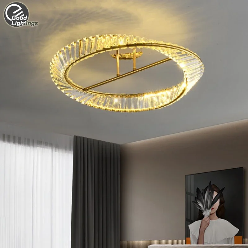 Современная потолочная люстра K9 Crystal Led для спальни, гостиной, прихожей, Затемняемое Золотое Креативное кольцо, Хрустальный Светодиодный потолочный светильник