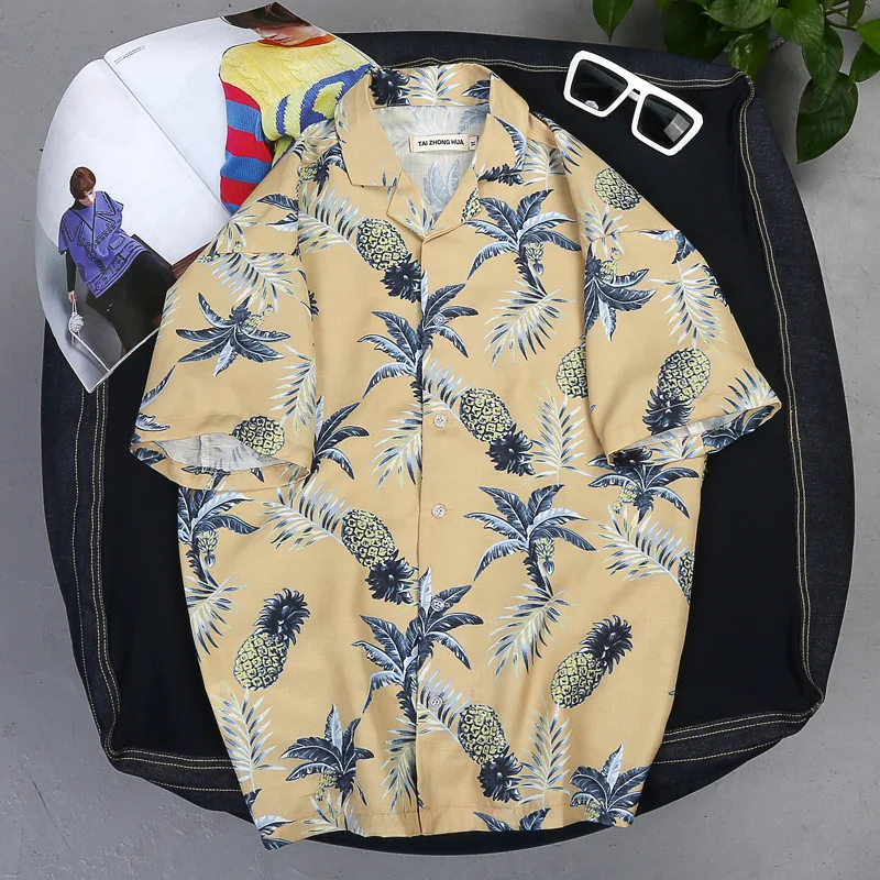 Повседневные Тонкие мужские рубашки, Пара Свободных пляжных рубашек, Путешествия на Гавайи, Дышащие Топы с коротким рукавом в тропическом стиле и принтом ананаса.