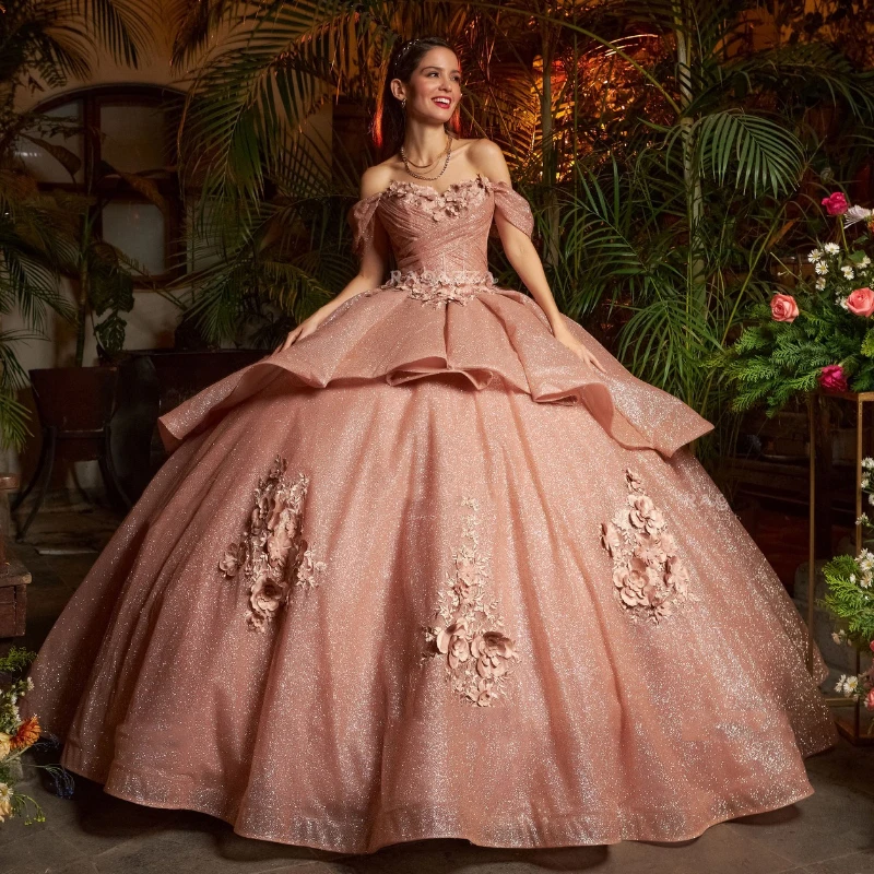 Розово-Золотое Бальное Платье Принцессы Пышные Платья 2024 Из Цветочного Тюля Vestidos De 15 Anos Quinceañeras Sweet 16 Платье Для Вечеринки на День Рождения