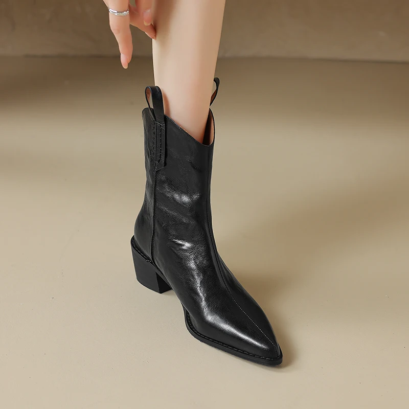 2023 Осенние женские ботинки Ботильоны с острым носком из натуральной кожи в стиле вестерн в стиле ретро Ботинки Челси Обувь из натуральной кожи Женская обувь