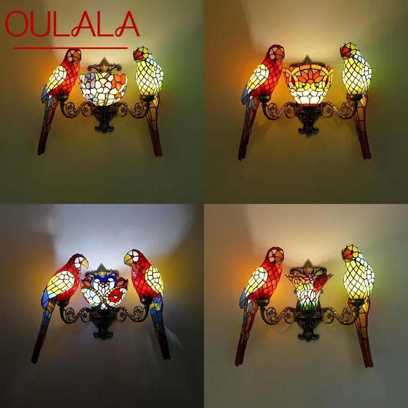 Настенные светильники OULALA Tiffany parrot, детская комната в сельской местности, Вилла с проживанием в семье, отель, Витражная лампа с изображением животных