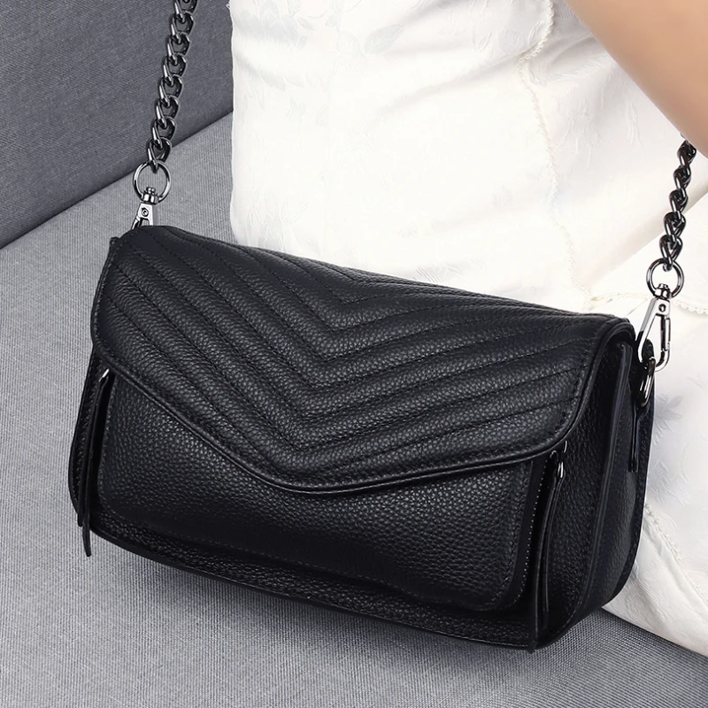 2023 Новая модная сумка через плечо из натуральной кожи для женщин, черная сумка на цепочках, дизайнерская сумка через плечо для подмышек, кошелек для девочек