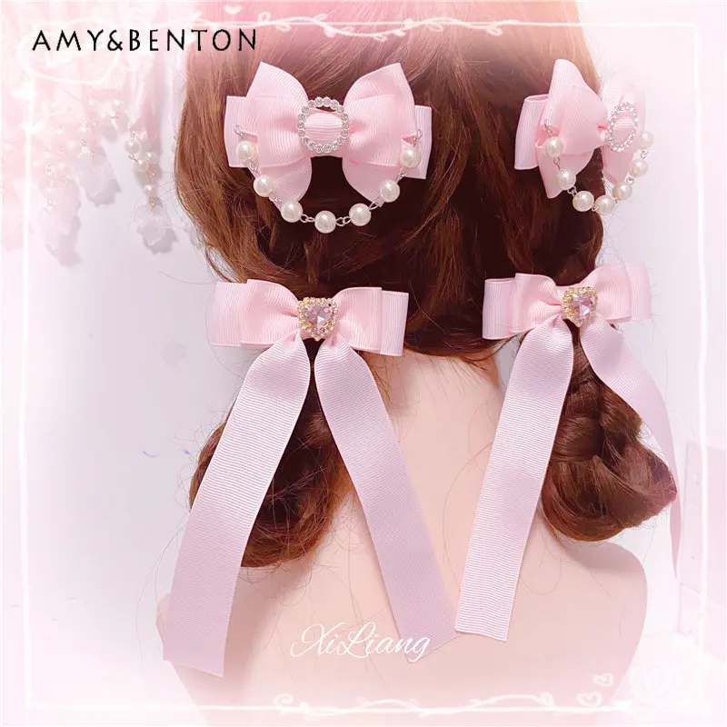 Японская девушка Лолита Массового производства Mine Pearl, длинные заколки для галстука-бабочки, женские милые розовые пары, заколка для волос в виде конского хвоста сбоку, заколка для волос