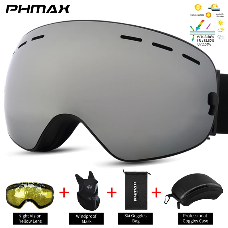 Лыжные очки PHMAX Серые Очки для Сноуборда для Мужчин Женщин, Взрослых, Молодежи, Поверх Очков OTG 100% Защита От ультрафиолета, Защита от тумана, Широкое зрение