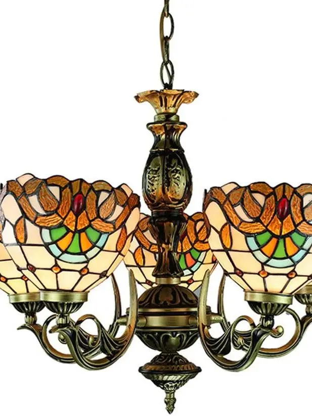 Винтажная люстра с витражным стеклом в стиле Тиффани, 5 ламп, подвесной светильник с витражной резьбой из стекла для кабинета, гостиной