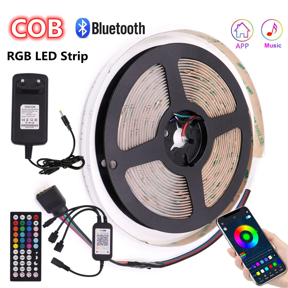 RGB COB LED Strip Light 840LEDs 12V Bluetooth Control Гибкая COB Лента Гибкий БРЕЛОК COB Lights LED Плотность ленты Линейный Свет