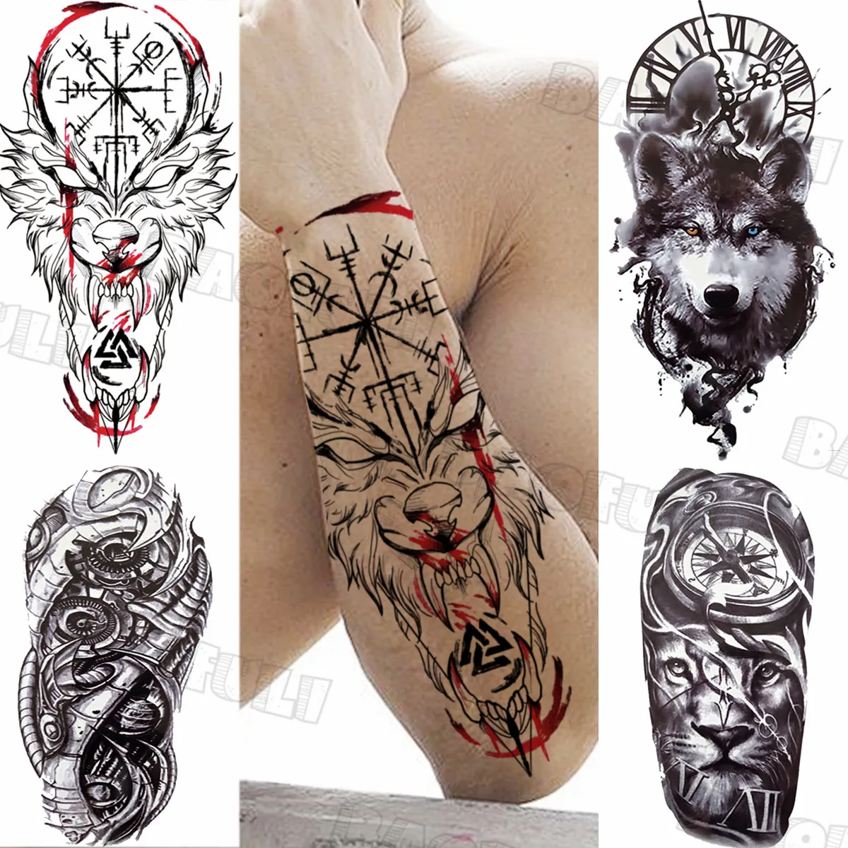 Временные татуировки Рыцаря-Воина Для мужчин, взрослых, Наклейка с поддельной татуировкой Компаса и Волка, Реалистичные Крутые Татуировки на бедре с половиной рукава