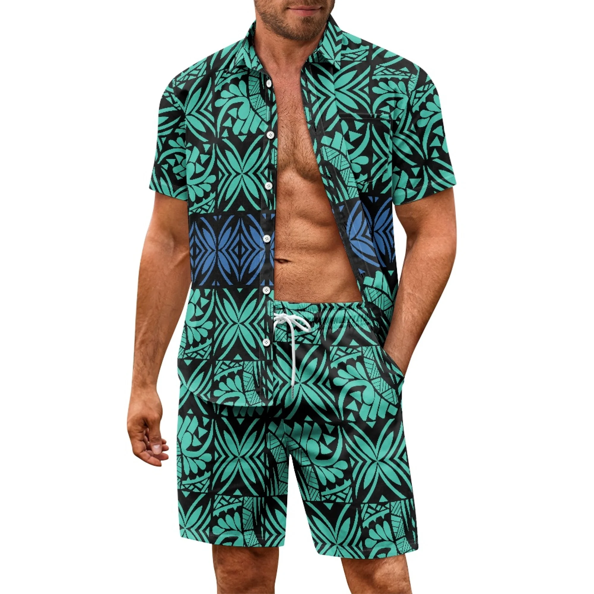 Каникулы пляжная вечеринка, мужской досуг набор лето с коротким рукавом футболки спортивные шорты из двух частей набор подгонять Полинезийский узор