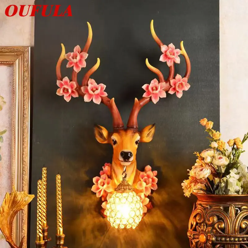 Современный настенный светильник OUFULA с оленем, светодиодный креативный декор в виде цветов сливы, бра из смолы для дома, гостиной, спальни