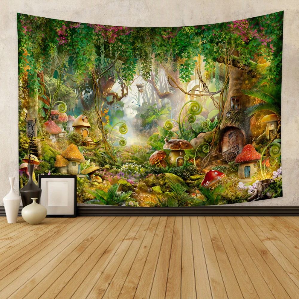 Фантастический лесной гобелен, Гобелен с зачарованными грибами, Сказочная Волшебная Страна Чудес, Домик на дереве, Гобелены, Настенное искусство для детей