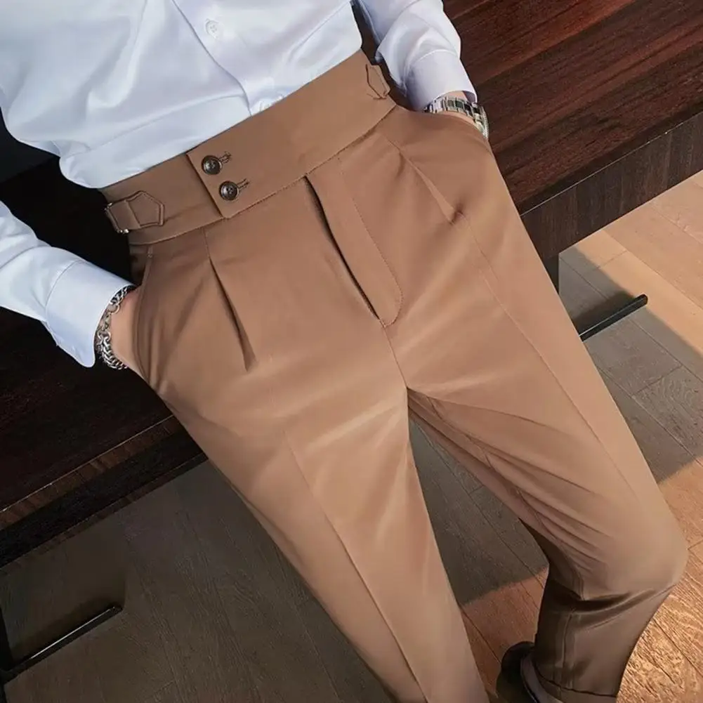 Приталенные брюки для костюма Классические мужские офисные брюки Приталенный крой с высокой талией Винтажные карманы для официальных мужских брюк делового стиля