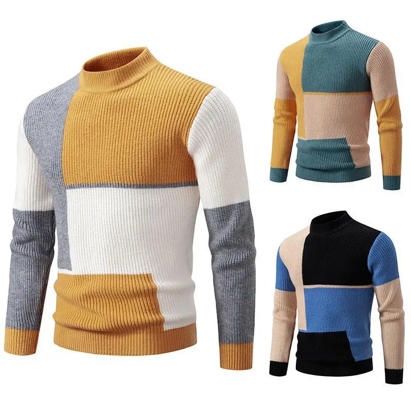 Мужская одежда, пуловер, свитер, Новинка зимы 2023, мужской контрастный пуловер с полувысоким воротником, Вязаный повседневный топ WMT105