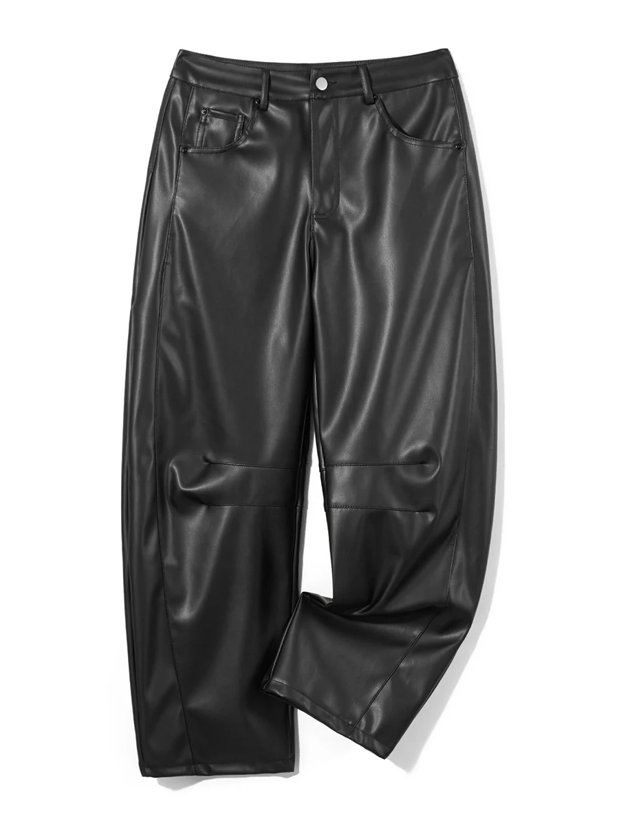 Женские брюки из искусственной кожи, широкие укороченные кожаные брюки, повседневные свободные кожаные брюки, шаровары с карманами