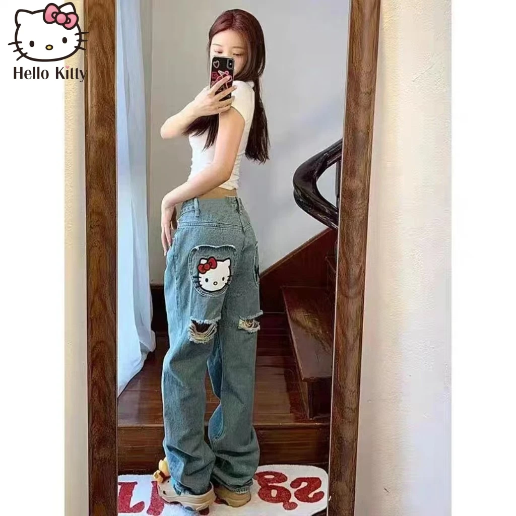 Брюки Sanrio Hello Kitty Y2K, женские модные джинсы, Уличные спортивные брюки в стиле ретро на открытом воздухе, подарочная одежда