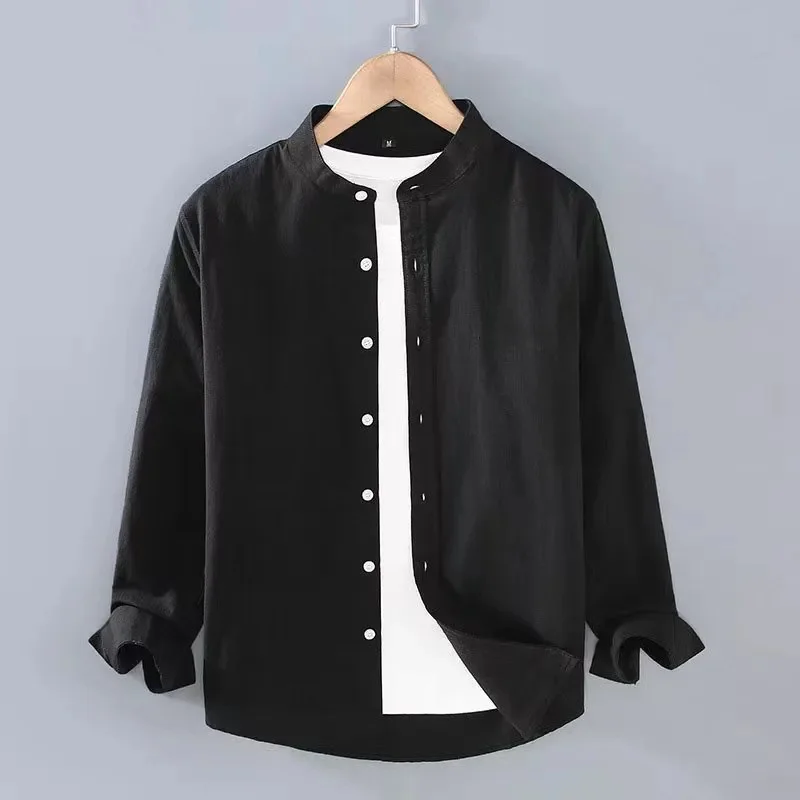 Новая льняная рубашка с воротником-стойкой и длинным рукавом Henry White, Черная Мягкая Удобная Простая весенне-летняя мужская рубашка, однотонная куртка