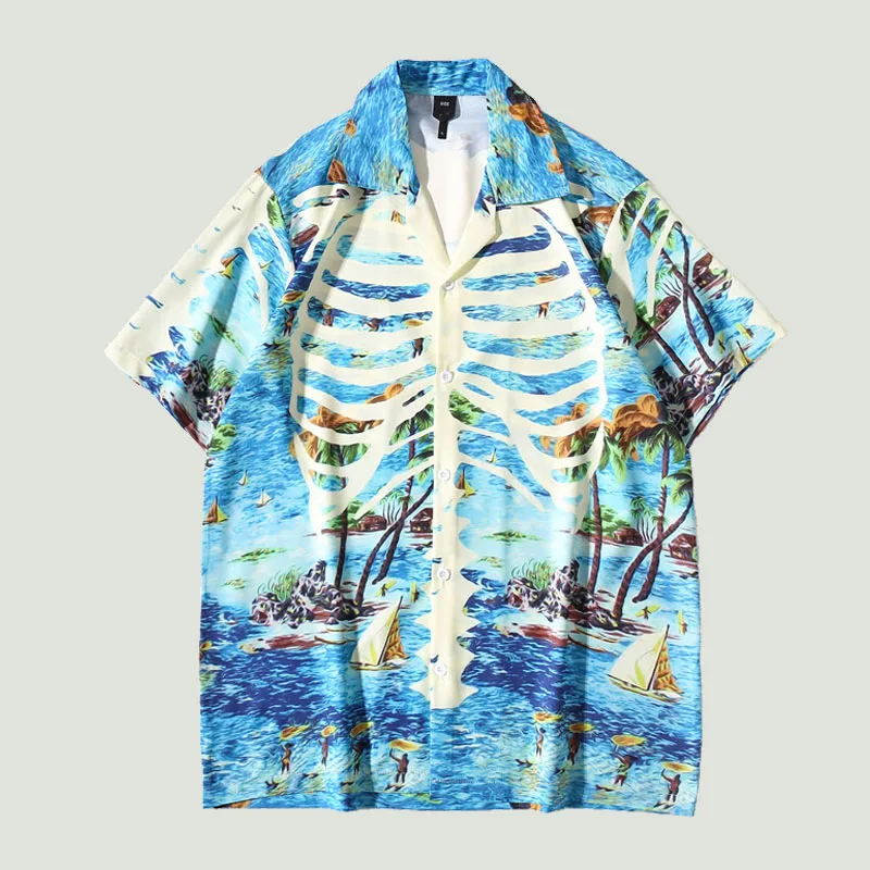 Модная уличная гавайская рубашка с цветочным принтом, мужской пляжный кардиган Harajuku с принтом Океанского скелета, мужские повседневные дышащие свободные топы