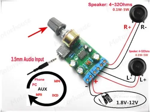 Плата мини-усилителя мощности звука постоянного тока 1,8 ~ 12 В TDA2822M, аудиовход 2,0 стерео 3,5 мм, аудиовход 0,1-5 Вт